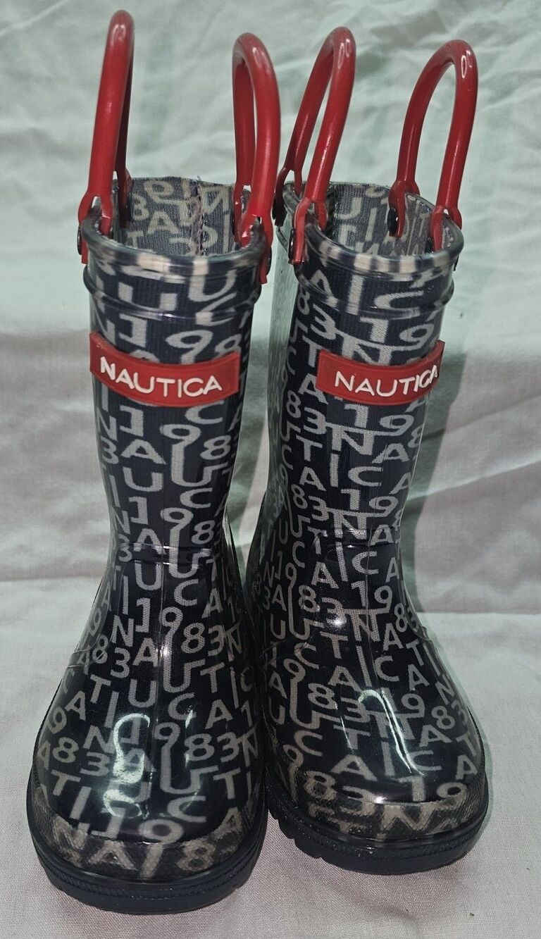 Nautica Kids’ Rain Boots – Size 5 | Alphanumeric Pattern With Red Handles